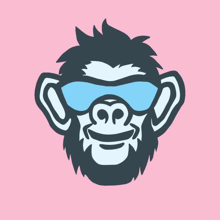 Logo for the Appanzee Brand. A human like chimpanzee with sunglasses and a smug smile. 