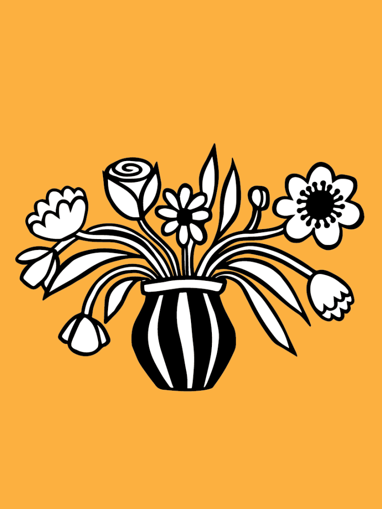 black and white illustration of flowers in a striped vase. Yellow background.
